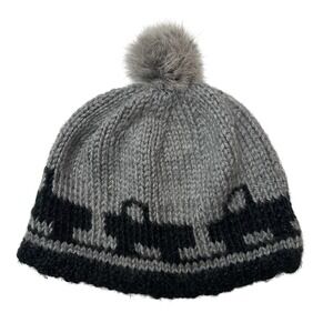Kids‎ Gray Black Knit Real Fur Pom Pom Hat with Truck Pattern Winter Warm Beanie